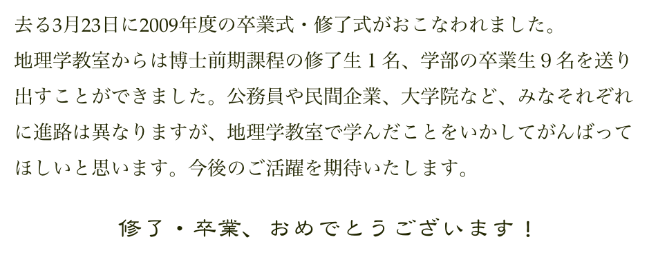 去る3月23日に2009年度の卒業式・修了式がおこなわれました。
地理学教室からは博士前期課程の修了生１名、学部の卒業生９名を送り出すことができました。公務員や民間企業、大学院など、みなそれぞれに進路は異なりますが、地理学教室で学んだことをいかしてがんばってほしいと思います。今後のご活躍を期待いたします。

修了・卒業、おめでとうございます！